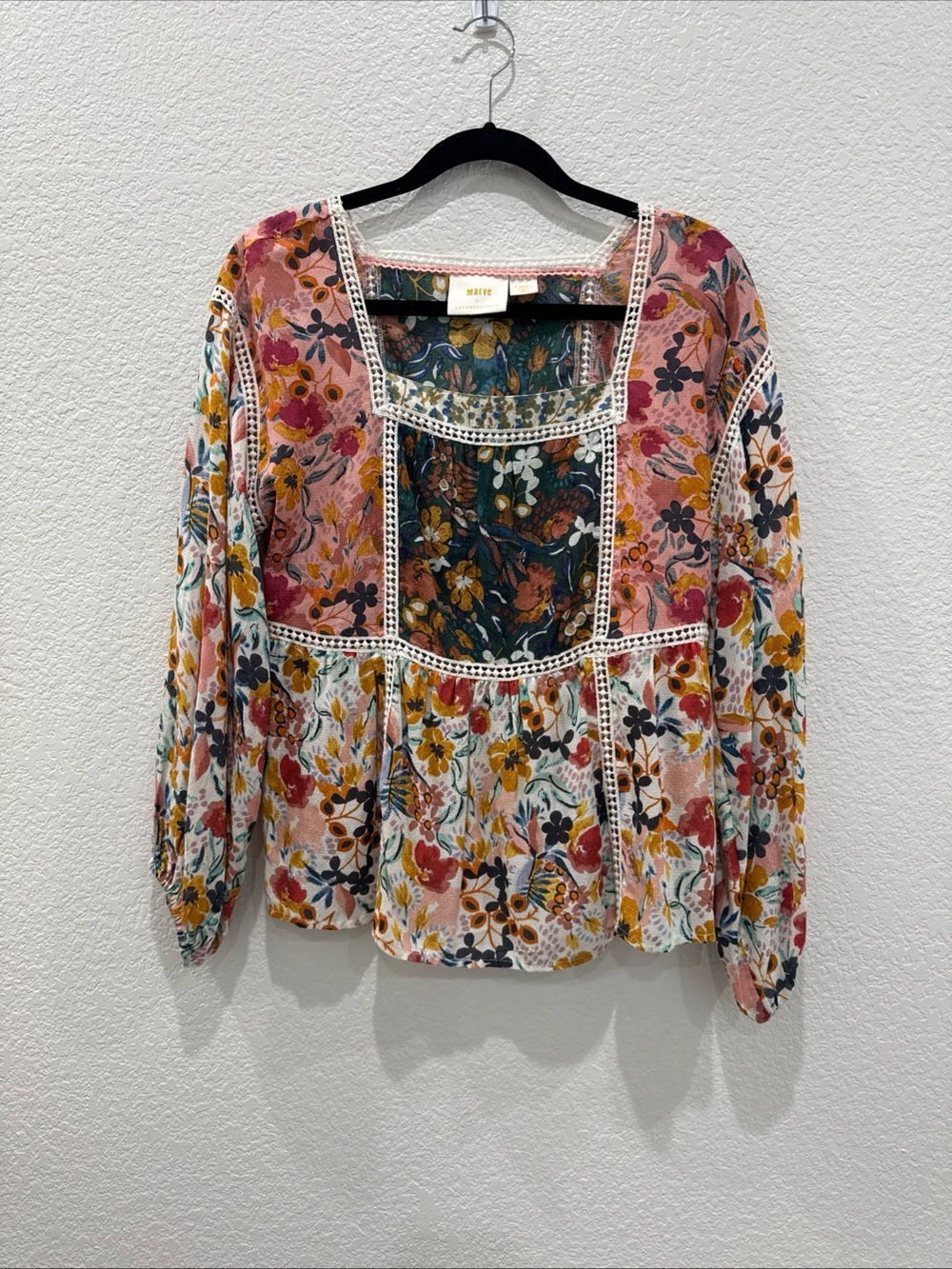 Maeve Anthropologie XS Floral Peplum Blouse Boho Lace Trim Modal Long Sleeve Top